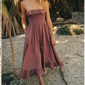 NWOT Free People Lush Life Linen Strapless Midi Dress Copper Brown XS